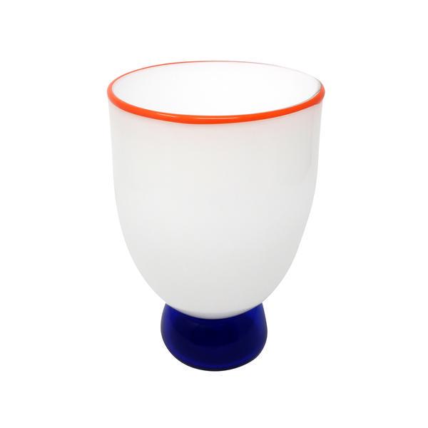 White Art Glass Vase by Fineline Studios (1984): A vintage white art glass vase by Kerry Feldman for Fineline Studios with orange rim and blue vase. Signed and dated (1984) on base. In excellent condtion. There is one visible bubble in the side of t