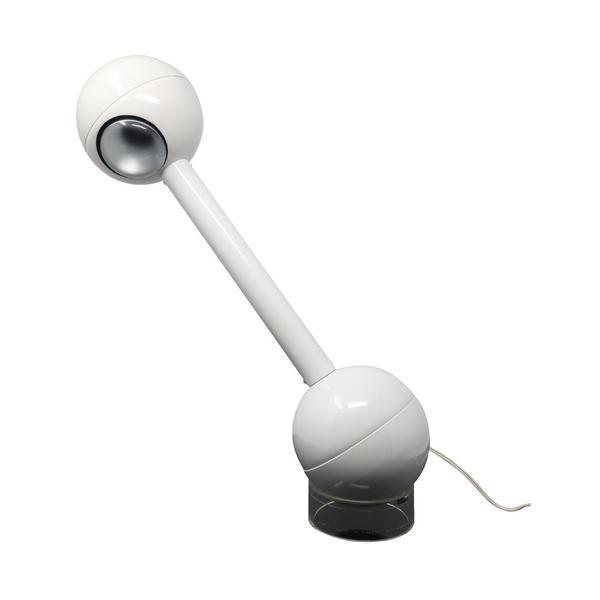 Barbell Table Lamp by John Mascheroni for George Kovacs: An exceptional mid-century white barbell desk lamp designed by John Mascheroni for George Kovacs, circa 1970's. The lamp sits on an acrylic cylindrical base and, with a unique switch mechanism, is tur