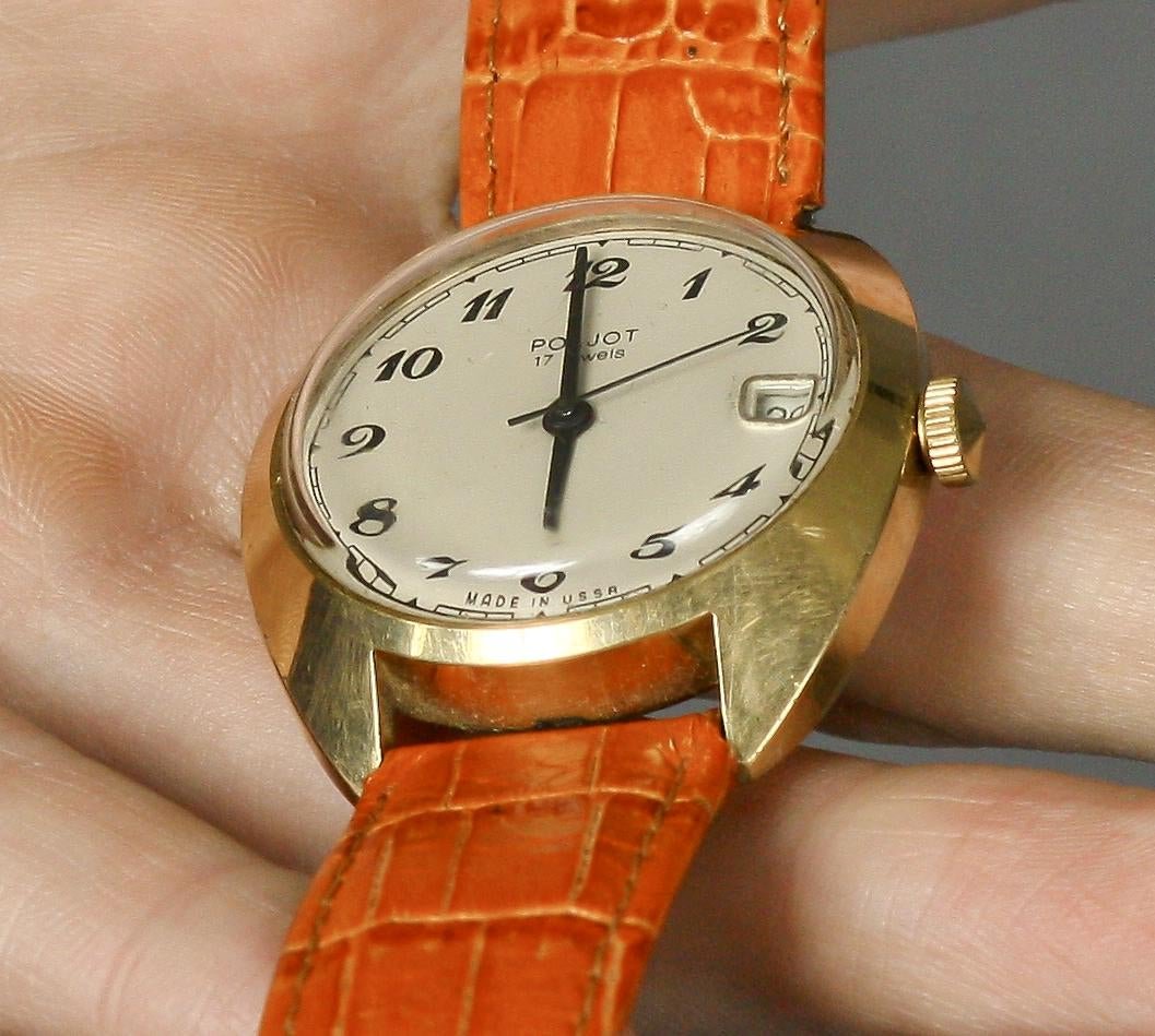 Poljot Vintage Men Wrist Watch / Antique Unisex White: Title: Poljot Vintage Men Wrist Watch / Antique Unisex White USSR Watches Additional Information: Materials Band material: Leather Gold, Stainless steel Poljot vintage men wrist watch russian antique