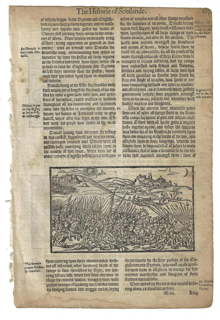 1577 Holinshed Leaf Woodcuts Battle (1 of 2)