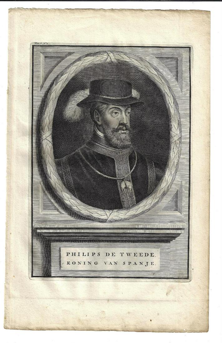 1730 Engraving of King Philip of Spain: Fine engraving of King Philip of Spain, circa 1730. Dutch imprint. Measures 9 x 14". Reserve: $20.00 Shipping: Domestic: Flat-rate of $5.00 to anywhere within the contiguous U.S. International: Foreig