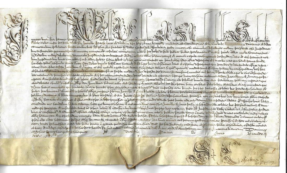 1645 Manuscript Vellum Papal Bull Innocent X: A beautifully penned Papal Bull dated 1645 during the papacy of Pope Innocent X (Giovanni Battisita Pamphili). Signatures under gutter and decorative detail on verso. String attached but lacks seal. F