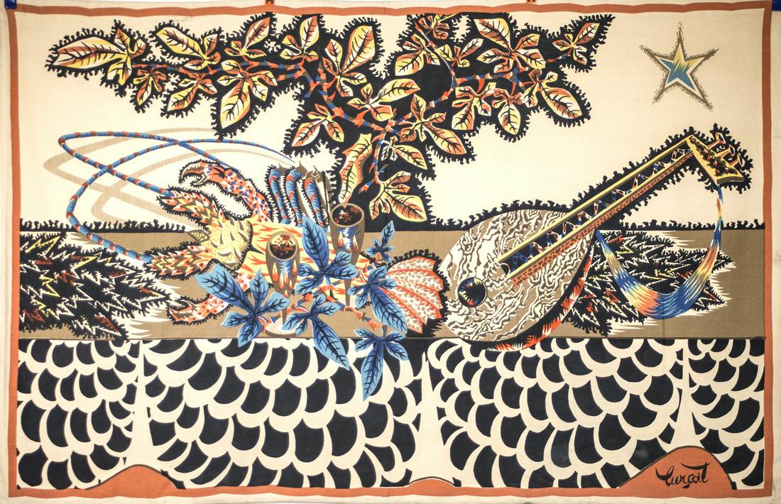 FRENCH silkscreen TAPESTRY JEAN Lurcat MODERNIST: Made in France in the 1950 this cotton tapestry reflect the democratic desire of that time to produce affordable art . Neo fantastic and influenced by art nouveau movement Lurcat tapestry use the voca