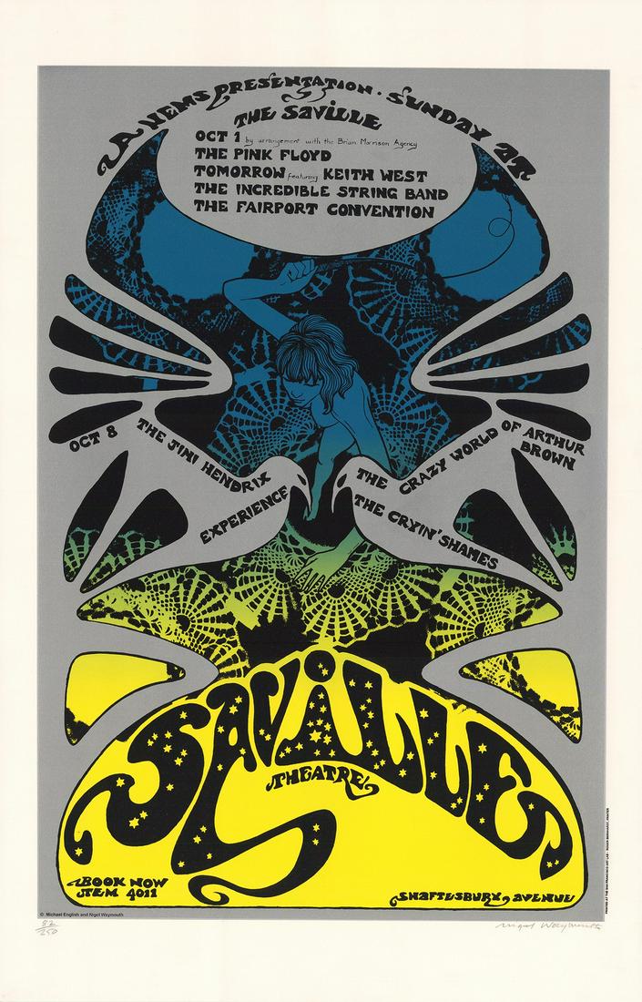 Pink Floyd / Jimi Hendrix At The Saville Theatre: Artist: "Michael English Nigel Waymouth" Title: Pink Floyd / Jimi Hendrix At The Saville Theatre Signed Poster Date: 1991 Medium: Silkscreen Size/Format: 22½" x 34?" Publisher: San Francisco Art Lab