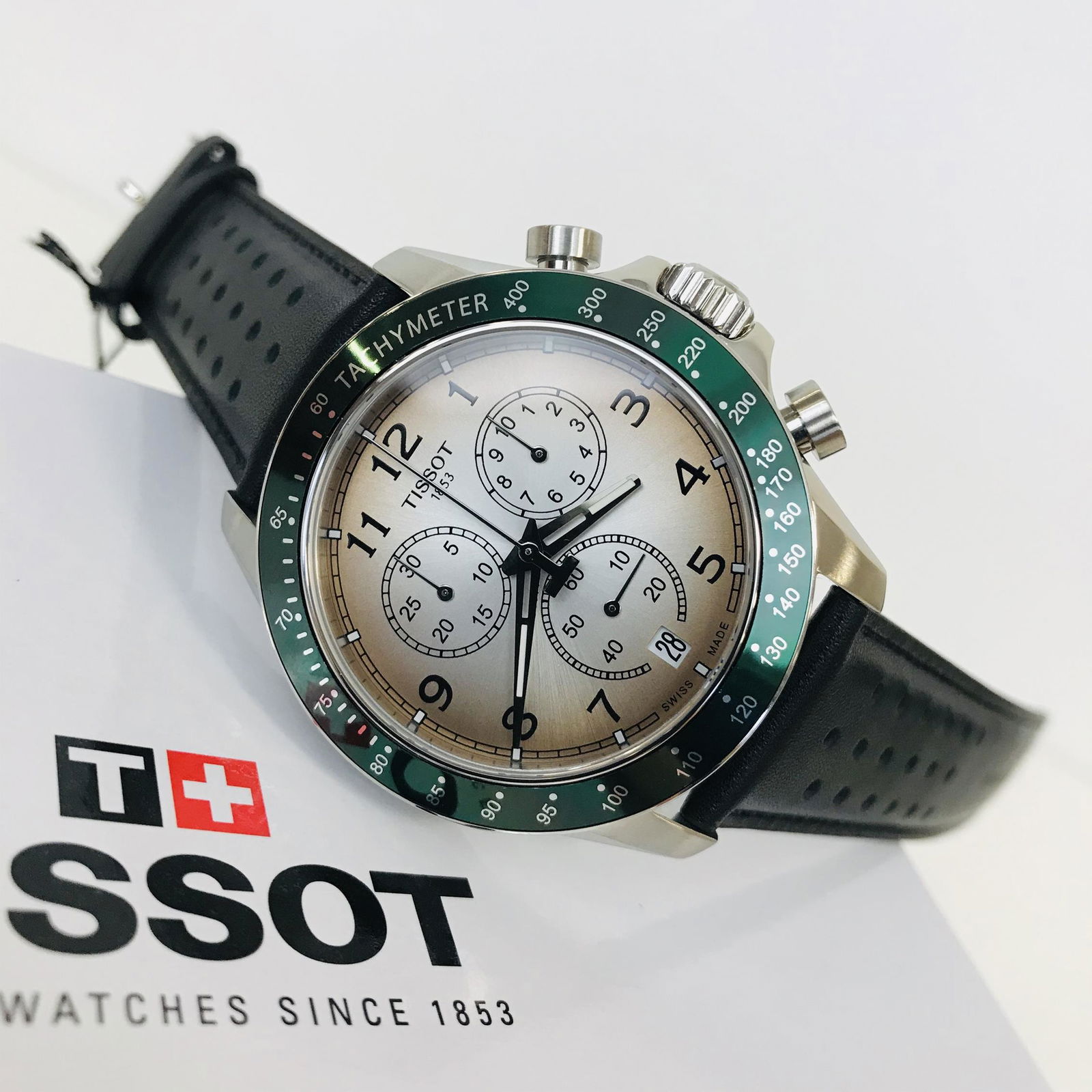 TISSOT T-Sport V8 Quartz Chronograph Watch: Title: TISSOT T-Sport V8 Quartz Chronograph Watch Size/Dimension: 43 mm Bracelet Length : Standard 184mm-197mm Movement Type: Swiss Made Quartz ETA Caliber G10.212 Box/Papers: In Orignal Box, 12 month