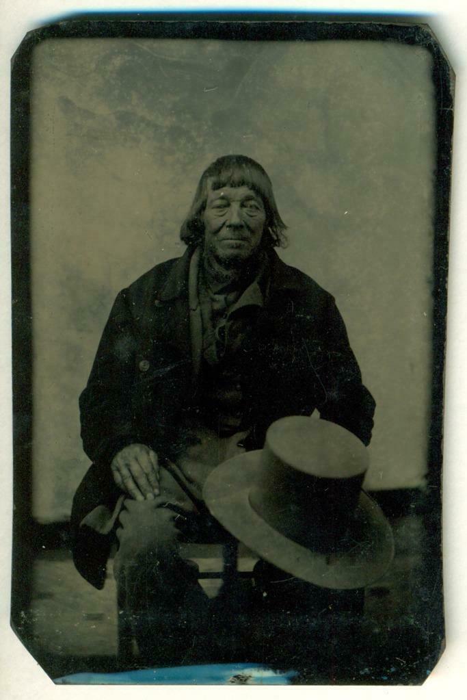 c1870 s PORTRAIT of WEATHERED MAN w WIDE BRIM TOP HAT, (1 of 2)