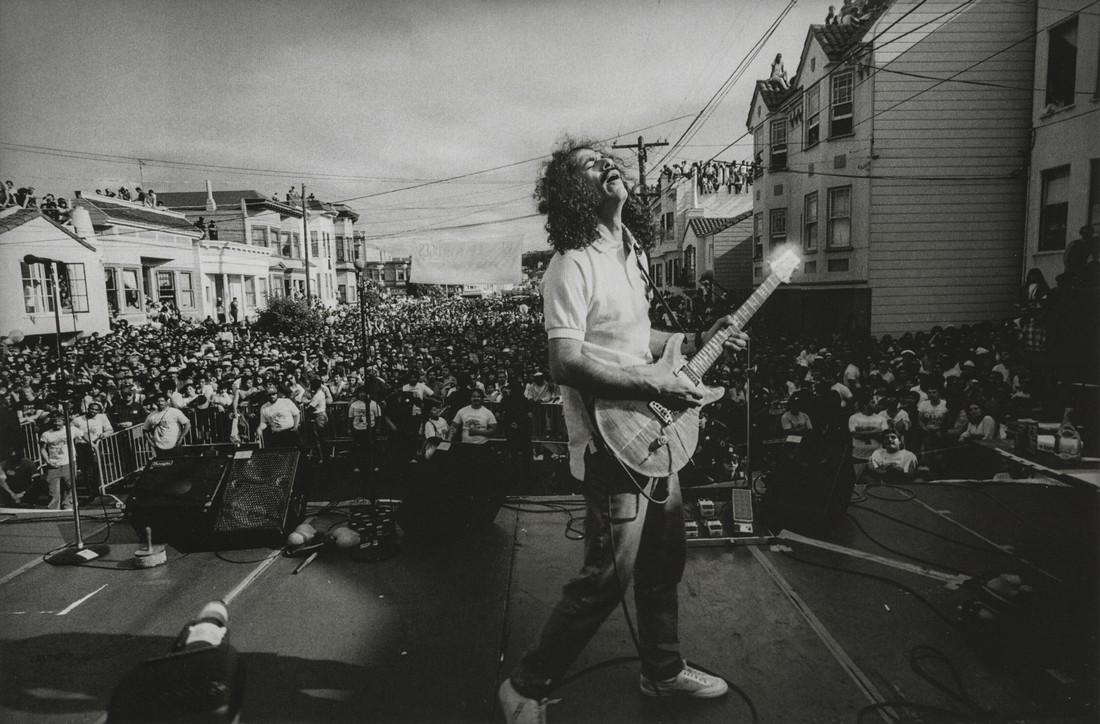 JIM MARSHALL - Carlos Santana, Cinco de Mayo, SF, 1988: Artist: MARSHALL, JIM Title: Carlos Santana, Cinco de Mayo, SF, 1988 Medium: Photo Litho, 2000, Italy Dimensions: 8x5.25" Description: Heat Wax Mounted on 8.5x11" Conservation Board Artist Bio: James 