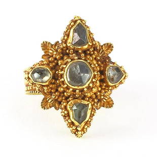 A SMALL DIAMOND AND GOLD RING: A charming small diamond ring of diamond shape set with five intan diamonds amongst a granulated surface. Reserve: $1,200.00 Shipping:Domestic: Flat-rate of $35.00 to anywhere within the contiguous