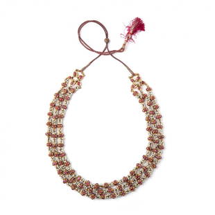 FINE PEARL AND RUBY NECKLACE: FINE PEARL AND RUBY NECKLACE; A three line necklace of alternating pearl and ruby elements, each consisting of clusters of pearls and rubies. Reserve: $20,000.00 Shipping:Domestic: Flat-rate of