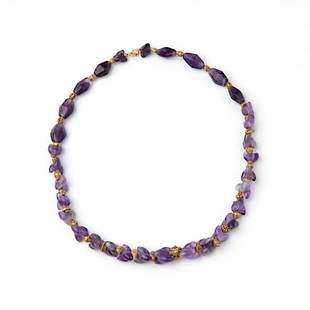 Gold and amethyst necklace: Gold and amethyst necklace; A pair of gold armlets or anklets each in the form of a wide band with twisted border. The central band decorated with chased dots representing roosters and the crescent
