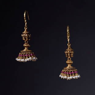 Gold Pearl and Ruby Earrings: Gold Pearl and Ruby Earrings; A pair of gold and ruby drop earrings set with seed pearls. Reserve: $2,800.00 Shipping:Domestic: Flat-rate of $35.00 to anywhere within the contiguous