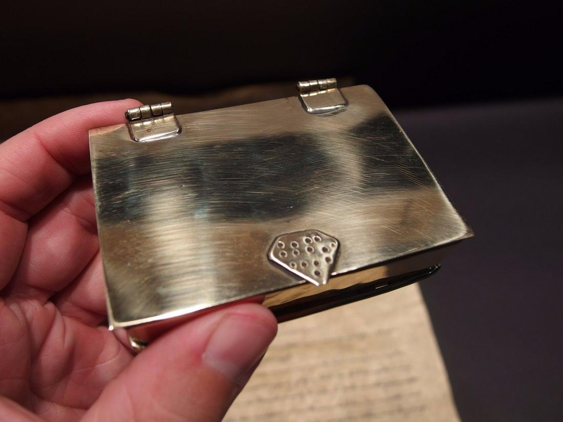 Brass Tobacco Snuff or Pill Box Ring Square Container: 3 1/4" long x 2 3/8" wide x 5/8" tall Nice reproduction of an antique brass container, well made with a hinge lid... Small containers like this many times were used to store pills or snuff throughout 