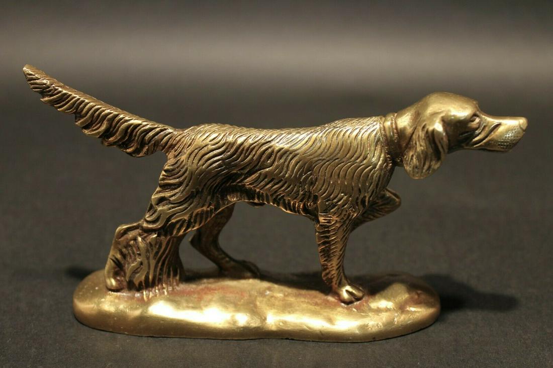 Brass Pointer Hunting Dog Paperweight Desk Statue: 6" Long x 1 1/2" wide 1lb 8oz Very accurate and well made reproduction of an antique paperweight. All solid brass, darkened to look old. Certainly easy to wonder its age Reserve: $32.00 Shipping: Dome