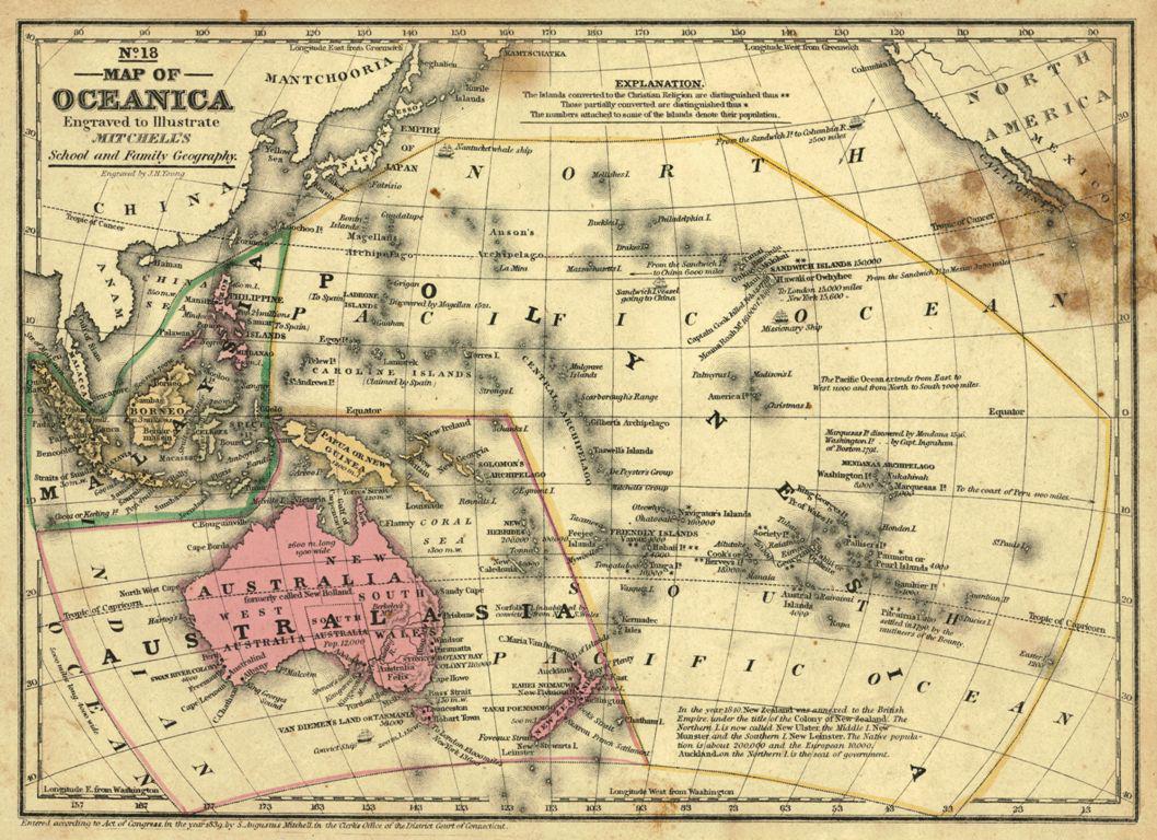 No.18 Map of Oceanica Engraved to Illustrate Mitchell's: Title: No.18 Map of Oceanica Engraved to Illustrate Mitchell's School and Family Geography Cartographer: YOUNG, JAMES H. Publication Date: 1839 Publisher: S. Augustus Mitchell Size: 9Height - 11.75Wid