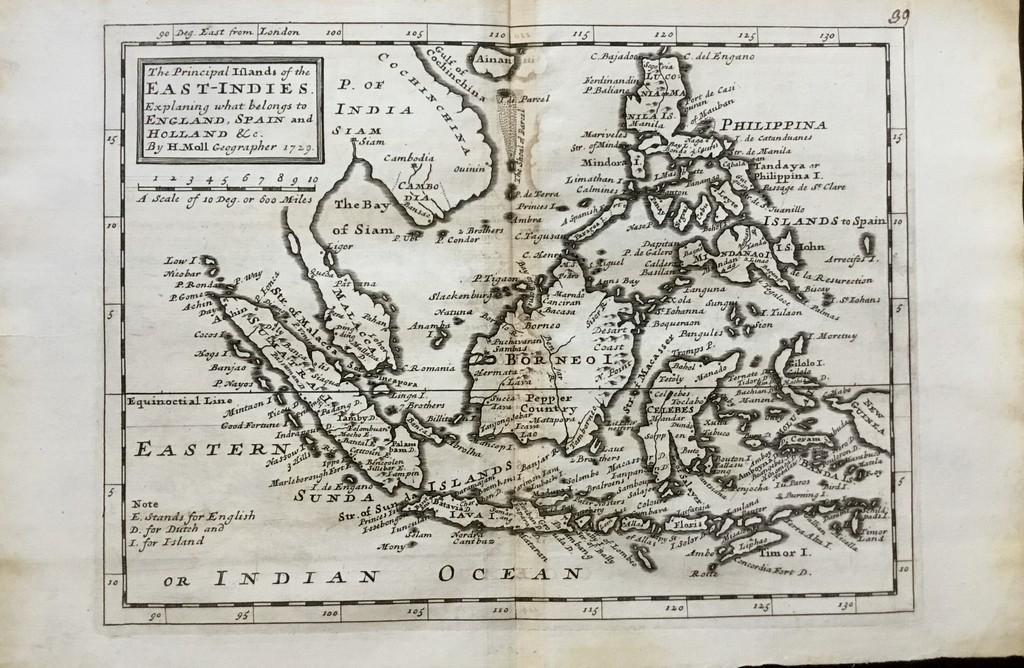 East Indies. Indonesia. Malaysia. Philippines.: Title: East Indies. Indonesia. Malaysia. Philippines. Singapore Date/Period: 1729-1736 Materials: Copperplate engraved. Dimensions: 13 1/2 x 9 Â“ By. H. Moll. From. Atlas minor. Published. London. 