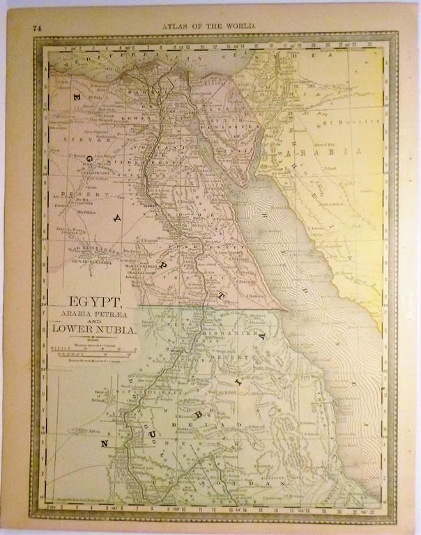 Egypt, Arabia, Lower Nubia 1888: Title: Egypt, Arabia, Lower Nubia 1888 Date: 1888 Materials: Paper Size/ Dimensions: approx. 11x 14 inches Additional Info: John G. Lonngren & Son Standard Atlas Reserve: $20.00 Shipping: Domestic: Fl