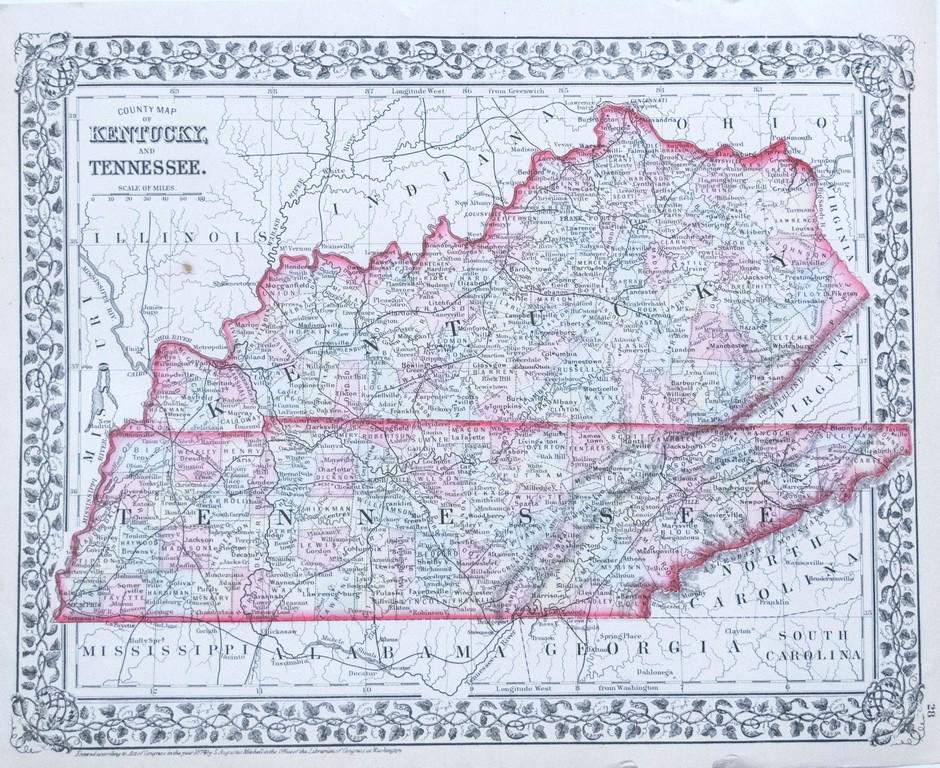 1874 Mitchell Map of Kentucky and Tennessee -- County (1 of 1)