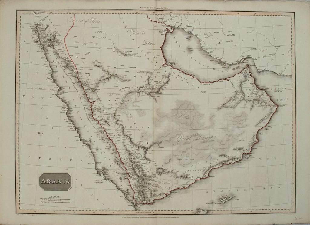 1813 Pinkerton Map of the Arabian Peninsula and the Red: Title/Content of Map: 1813 Pinkerton Map of the Arabian Peninsula and the Red Sea -- Arabia Date: 1813, London Cartographer: J Pinkerton Size: 20 X 28 in. This is a stunning large format map of the Ar
