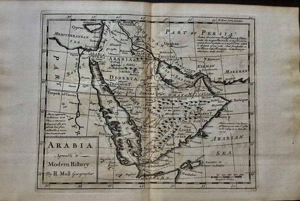 Arabian peninsula: Title: Arabian peninsula Date/Period: 1729-1736 Materials: Copperplate engraved. Dimensions: 13 1/2 x 9 Â“ By. H. Moll. From. Atlas minor. Published. London. Reserve: $110.00 Shipping: Domestic: Fr
