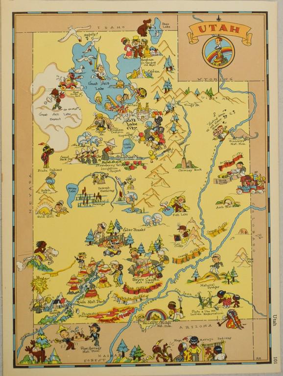 1938 R Taylor White Pictorial Map of Utah -- Utah: Title/Content of Map: 1938 R Taylor White Pictorial Map of Utah -- Utah Date: 1938, Boston Cartographer: Ruth Taylor White Size: 11.6 x 8.5 in. This is Ruth Taylor White's charming pictorial map, or c