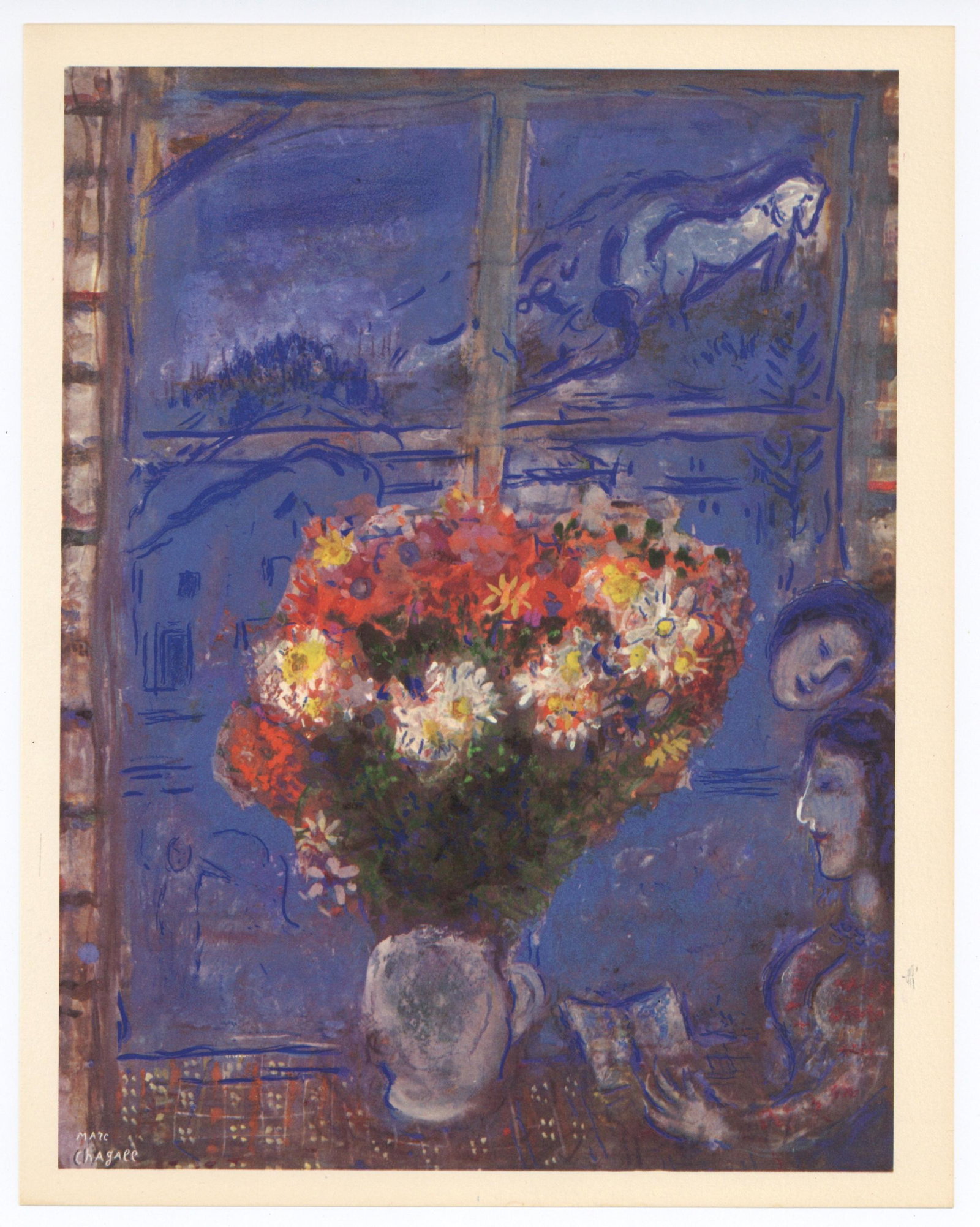 Marc Chagall "Woman at a Window" 1968: Medium: offset lithograph (after the gouache). Printed on Arches wove paper in 1968 by Mourlot Freres for a scarce Pierre Matisse Gallery exhibition catalogue. Although printed on an offset press, the