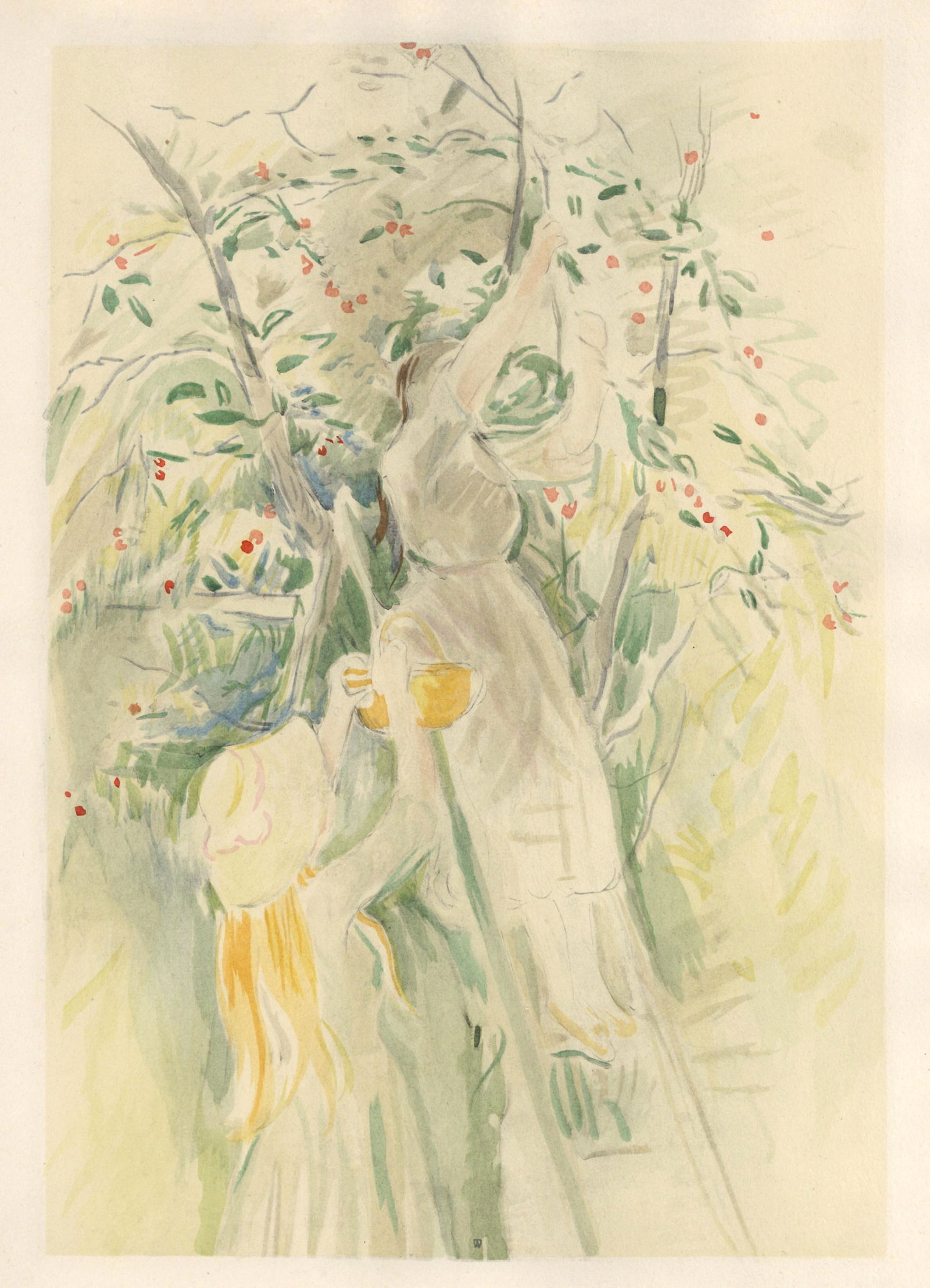 Berthe Morisot pochoir "La Cerisier": Medium: lithograph with pochoir coloring (after the 1891 watercolor). Beautifully printed 1946 in a limited edition of 300 for the rare "Berthe Morisot Seize Aquarelles" portfolio, published in Paris