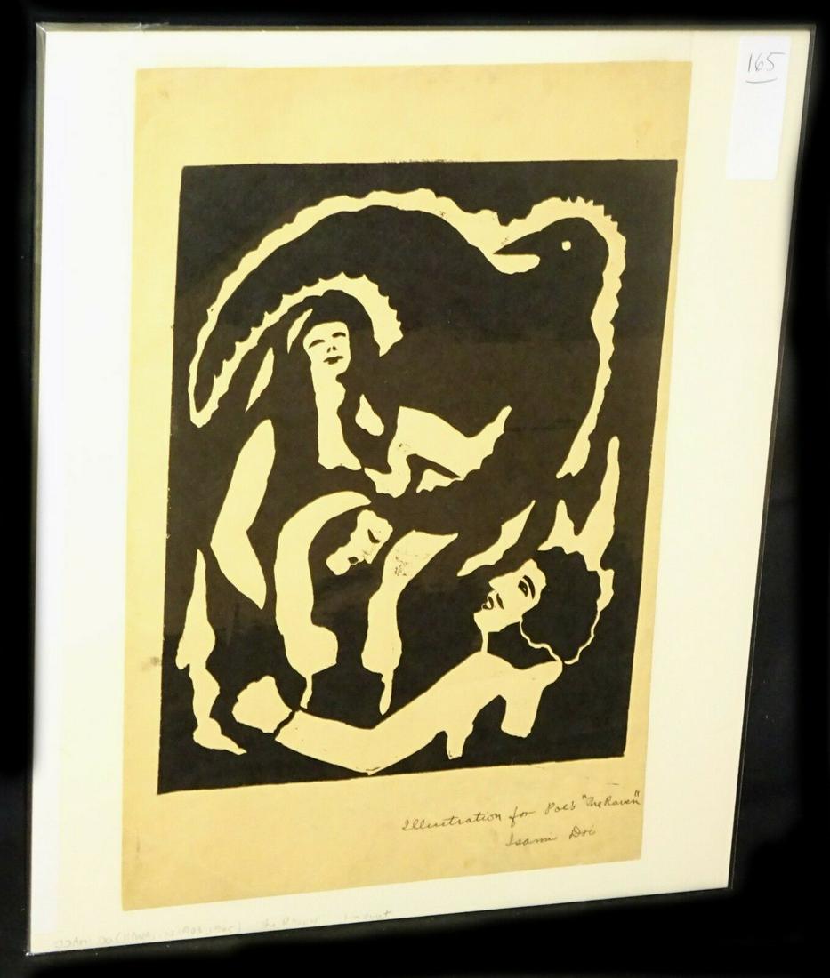 50s Hawaii Linocut Poe’s The Raven Isami Doi: Up for sale from a recent estate in Honolulu Hawaii, this 1950s Hawaii black and white linocut that is titled "Poe's The Raven" and depicts three woman with a raven and is an illustration done by well