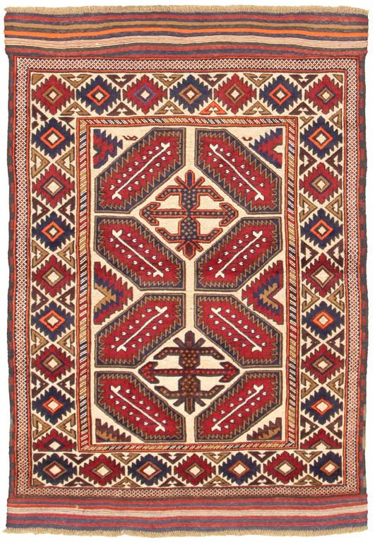 Hand-knotted Tajik Caucasian Cream, Red Wool Rug 4'1" x (1 of 3)