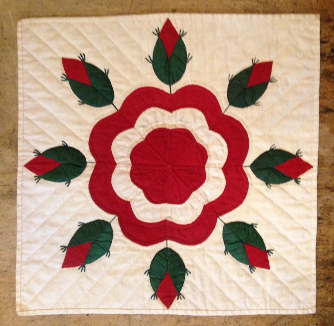 19thC Hand Appliqued And Quilted Rosebud Square Pad (1 of 5)