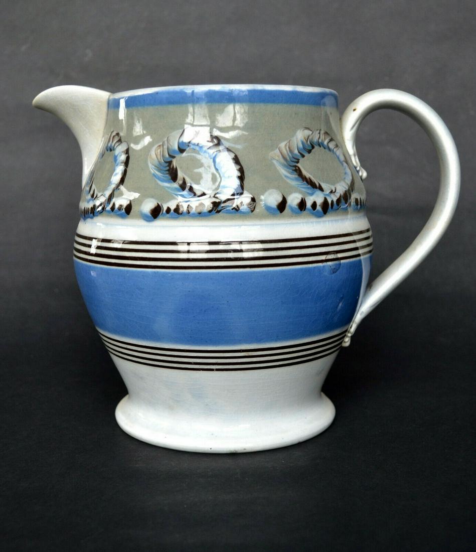 English Mochaware Pottery Pitcher - Earthworm Pattern; (1 of 6)