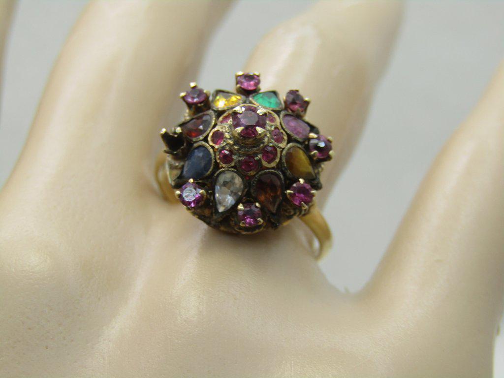 Vintage 18kt Gemstone Crown Ring, Sz. 8, 1930's-1950's: Vintage 18kt Gemstone Crown Ring, Victorian themed, Sz. 8, 1930's-1950's 16 rubies in 1mm, 2mm, and a single 3mm size with pear-shaped tiger's eye, clear quartz, pink spinel, blue topaz, emerald, and