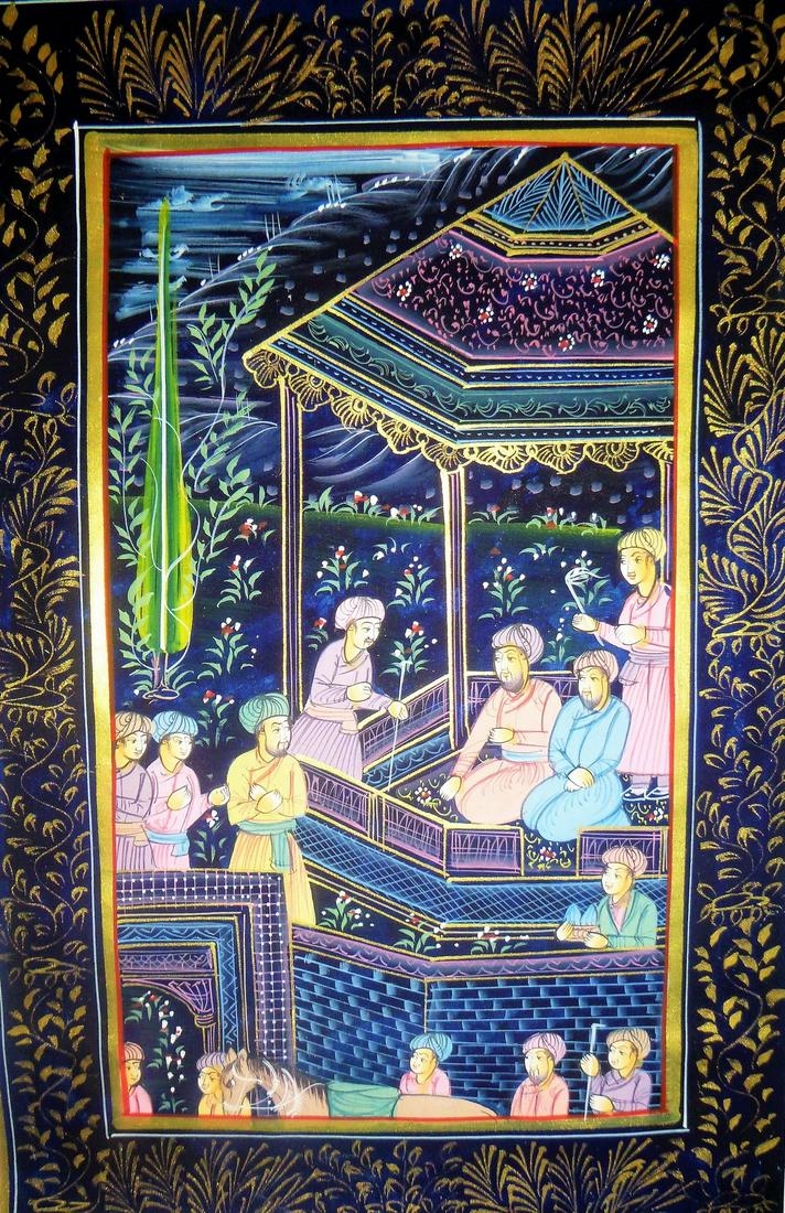 Mughal Empire Court Scene Miniature Painting On Silk: Title: Mughal Empire Court Scene Miniature Painting On Silk Date: c2001 Artist: Material/Medium: Watercolor on silk Size:approx. 10x14 inches. Provenance: Additional Infot:Contemporary original art fr