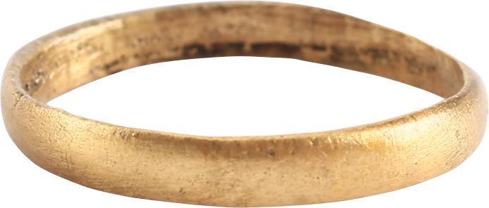 VIKING WOMAN’S WEDDING RING S5 1/2: Late 9th-early 11th. Gilt bronze, size 5 1/2. 2.7mm band with a rounded face. Surface well preserved. Professionally refurbished with the 24karat gold overlay restored. Gift boxed with a certificate o