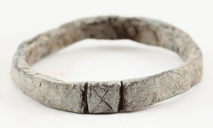 VIKING WOMAN’S WEDDING RING, 866-1067 AD S 7 ½.: No Reserve! Bronze, originally gilt, size 7 1/2. 2.8mm, width with flat face. Surface encrusted overall from burial. Gift boxed with certificate of authenticity. Vikings exchanged rings on the pommel 