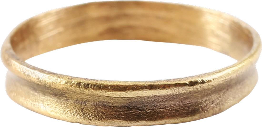 FINE VIKING WOMAN’S WEDDING RING C.1000 AD SIZE 9.: Late 9th-early 11th century AD. Size 9 2.8mm width.. Intricate section, with the face finely hatched overall and a incised medial line. 2.8mm width. Very light texture from burial. Vikings exchanged r