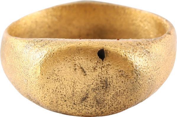 ANCIENT VIKING MAN’S RING 10TH-11TH CENTURY AD SZ 8 ½.: Size 8 1/2, slightly oval form. A broadband 5mm, with a rounded face expanding toward the bezel. Raised oval bezel with remnants of a cipher (?) formed as addorsed triangles, perhaps runes. Surface te