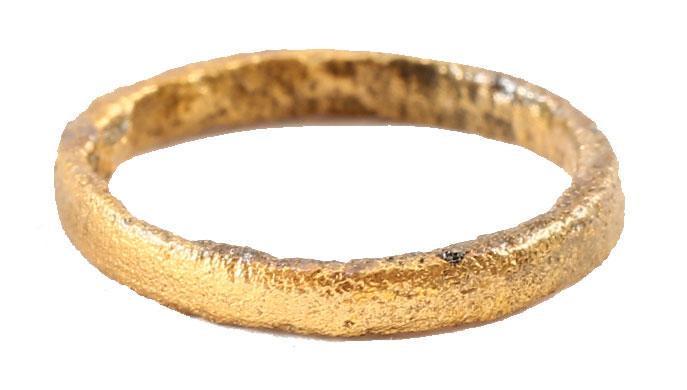 ANCIENT VIKING WEDDING RING C.1000 AD JEWELRY S2 3/4: Late 9th-early 11th century AD. Gilt bronze, size 2 ¾ for the small finger as was the custom. 2.2mm band with a rounded face. Surface textured from burial. Professionally refurbished with the gold ov
