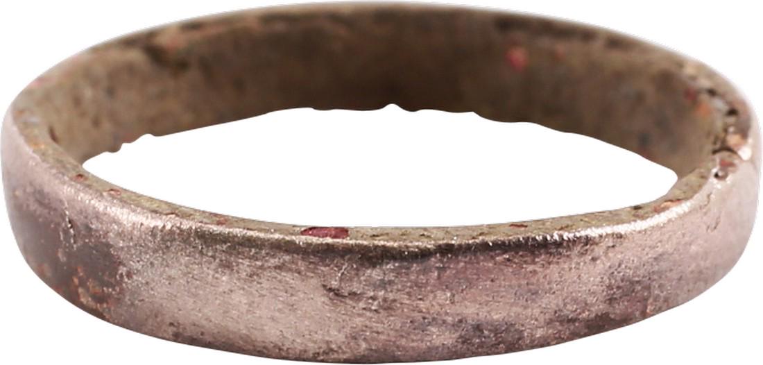RARE COPPER VIKING RING, 900-1050 AD, Size 4 1/4: No Reserve! 3.0mm width with rounded face. Made by the lost wax process with a disk originally filling the center to distribute the molten bronze and provide uniform heat for proper cooling. The core 