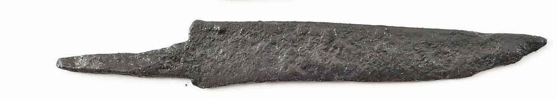 VIKING SIDE KNIFE OR POUCH KNIFE, 866-1067 AD. Danelaw: VIKING SIDE KNIFE OR POUCH KNIFE, 866-1067 AD. Danelaw England. Over 2 5/8” total length. Straight back thin wedge section blade. Whittle tang for mounting in a wood, bone or antler grip without a g