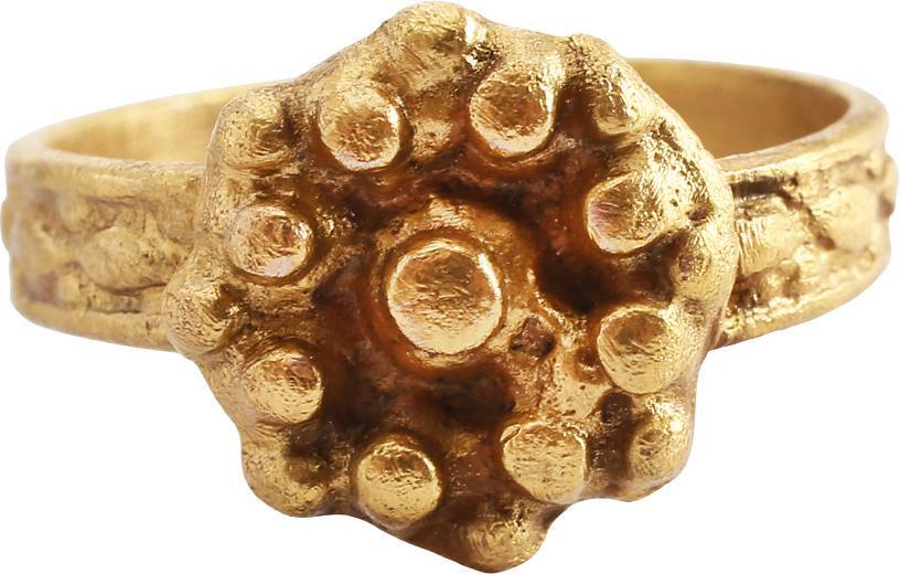 GREAT PLAGUE OF LONDON RING SIZE 9 3/8: 17th century, English. Revolutionary in its construction with the band of rolled brass/bronze, with a pattern imparted by the roller. The bronze flower bud top cast separately and the two joined by br