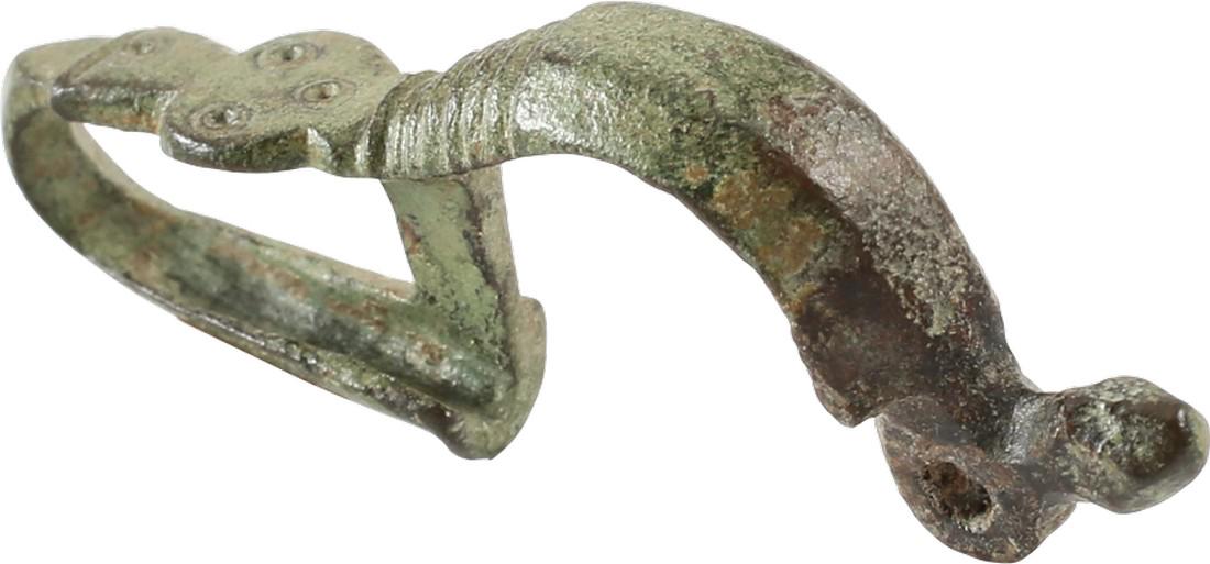ANCIENT ROMAN BROOCH (GARMENT PIN) FIBULA 1-3 CENT AD.: No Reserve! The original garment pin patented two millennia later as the “safety pin”. Crossbow form with open frame with pin rest intact. The back decorated in zig-zag bands flanked by stipple ba
