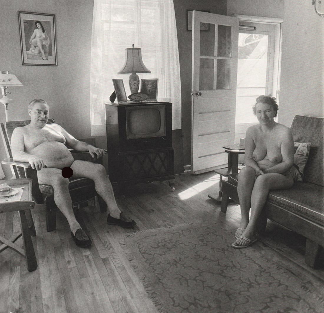 DIANE ARBUS - Retired man and his wife at home in a: Artist: DIANE ARBUS Print Title: Retired man and his wife at home in a nudist camp one morning, NJ, 1963 Medium: Photoengraving Printed 1970’s in the US Image size (inches) approx. 8 x 8.5” Diane 