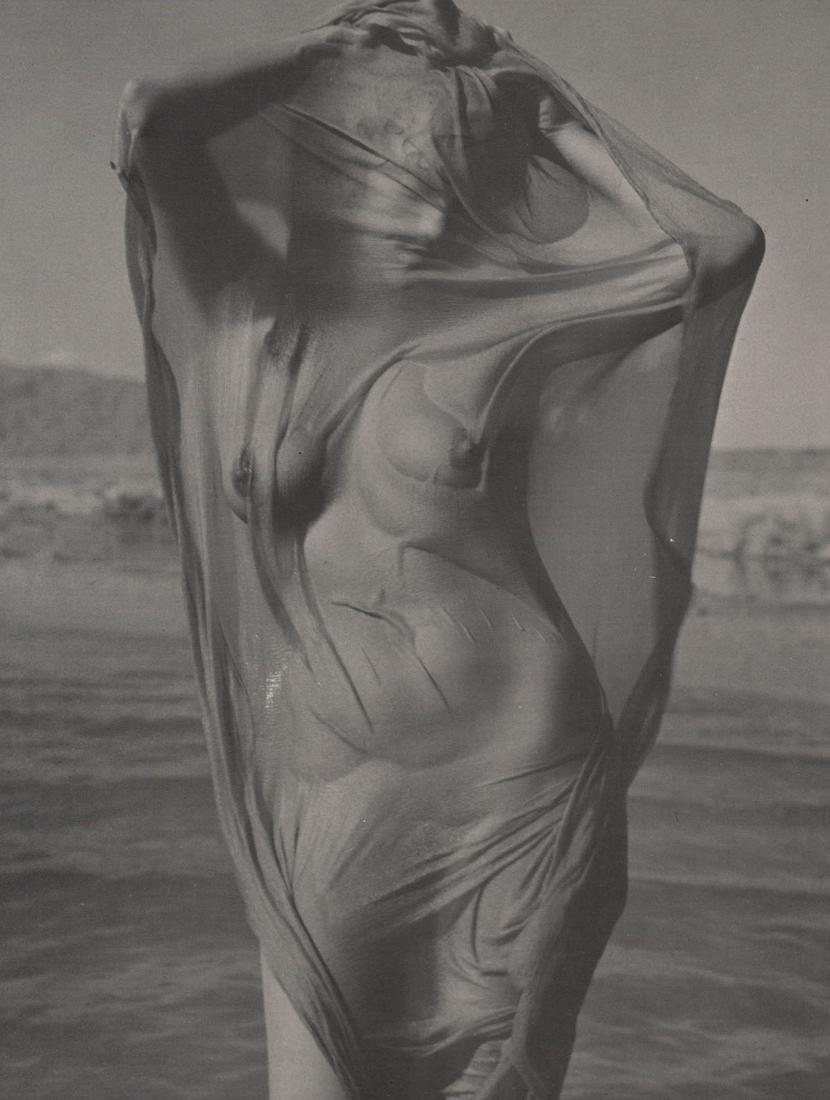 ANDRE DE DIENES - Nude Under Silk: Artist: ANDRE DE DIENES Print Title: Nude Under Silk Medium: Photoengraving Printed 1950’s in the UK Image size (inches) approx. 10 x 8” Andre De Dienes was a professional photographer, employed b