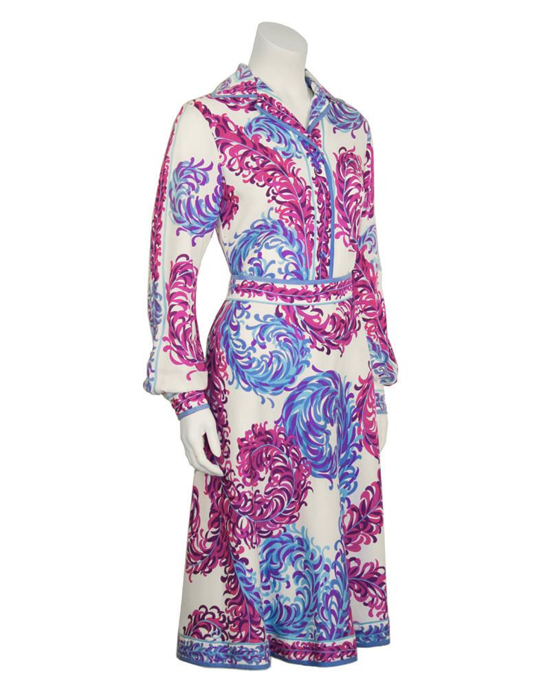 Emilio Pucci Feather Print Ensemble: Interesting and unique Emilio Pucci 1970's light weight wool challis shirt and skirt. This set is in brand new condition absolutely no signs of wear. Great value as two separate pieces. Top buttons up