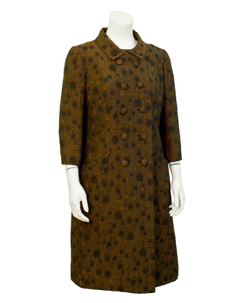 Roger Frères Brown abstract floral brocade set: 1960's brown textured brocade coat and dress set with a bronze and black abstract floral pattern and a metallic finish. The coat has 3/4 sleeves and ten front buttons in the same metallic, textured fa