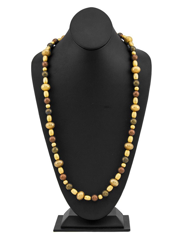 Givenchy Bronze and Gold Beaded Necklace: Oval and round bronze, brown and gold beads make up this Givenchy necklace. With an overall length of 37", the necklace fastens with a goldtone faux bamboo toggle clasp. In excellent condition with GI