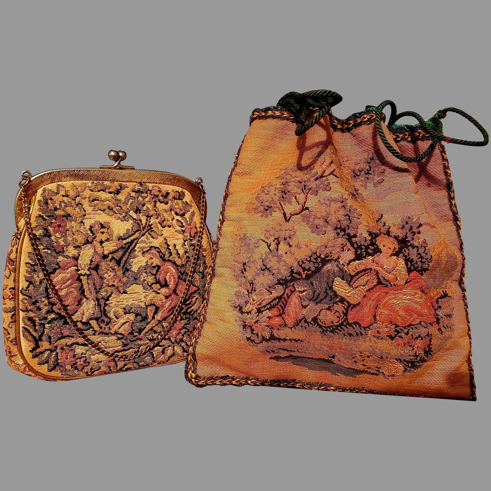 Vtg Aubusson amazing Bags One tie top one snap metal: 2 Beautiful Aubusson type bags /purses. with lovers scenery In very good vintage condition for their Age . The Tie one came from an Estate in L'Ille France The other one from an Estate in England. Rar