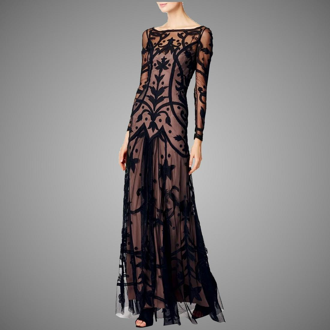 Vtg Temperley London Couture Archive Tattoo Embroidered: A Classic design from Temperley London , Beautifully Romantic, features intricate embroidery and crepe appliques on sheer Tulle leading to a flowing floor length skirt with front and back train like d