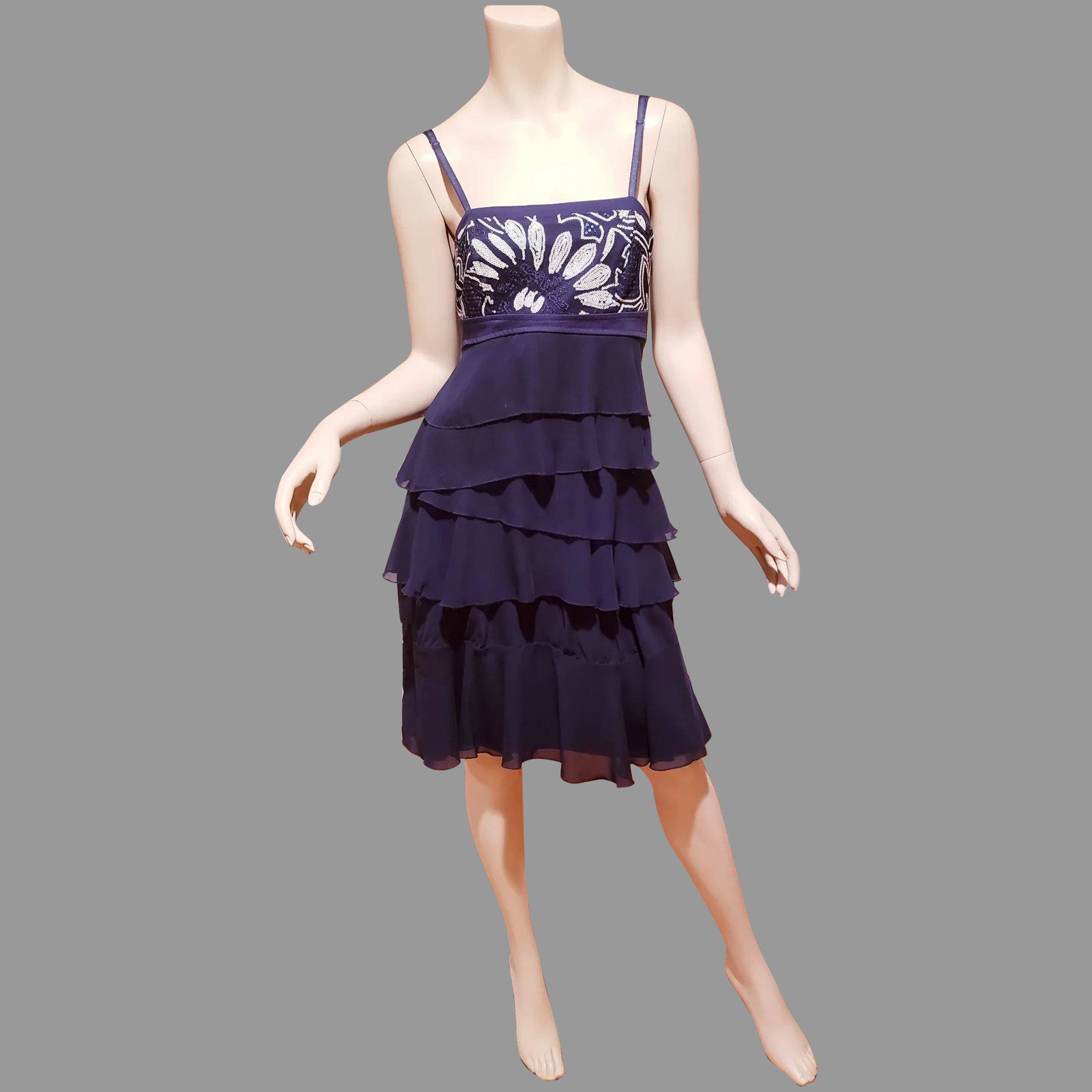 Vtg Rinascimento Italy Blue layered dress with: A beautiful little blue dress from Italian Designer Rinascimento, Made in Italy . it is band layered with ruffles . The top is all embroidered with tiny sequins in blue and white on a tulle background