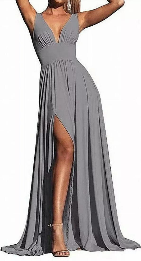 Vtg Grey Fluid Gown Pleated side slit split neckline: New -Old Stock Stunning grey Cotton/Linen Maxi Pleated fluid slit Gown. Just like a princess. Size-10 Medium /Large- In very good vintage condtion Reserve: $95.00 Shipping: Domestic: Flat-rate of $49.